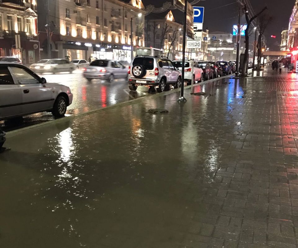 Дождь, прошедший в среду, 7 апреля, затоплил тротуар на главной улице Воронежа — проспекте Революции