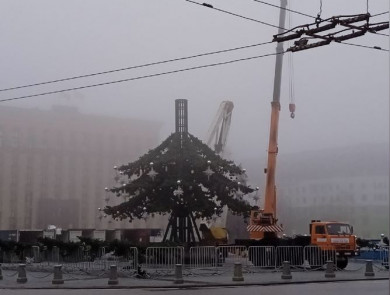 На главной площади Воронежа начали устанавливать новогоднюю ёлку