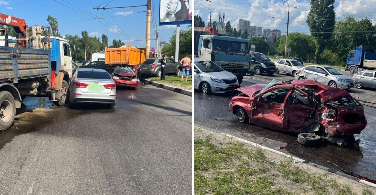 Массовая авария с грузовиком и семью легковушками произошла в Воронеже