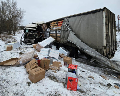 Два грузовика столкнулись на трассе в Воронежской области из-за взрыва колеса