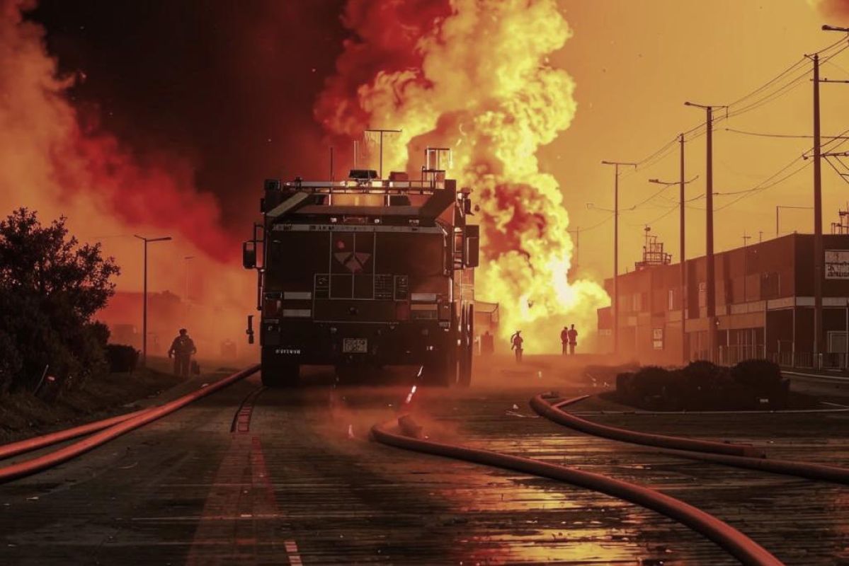 Пожарные тушат возгорание. Заставочное фото