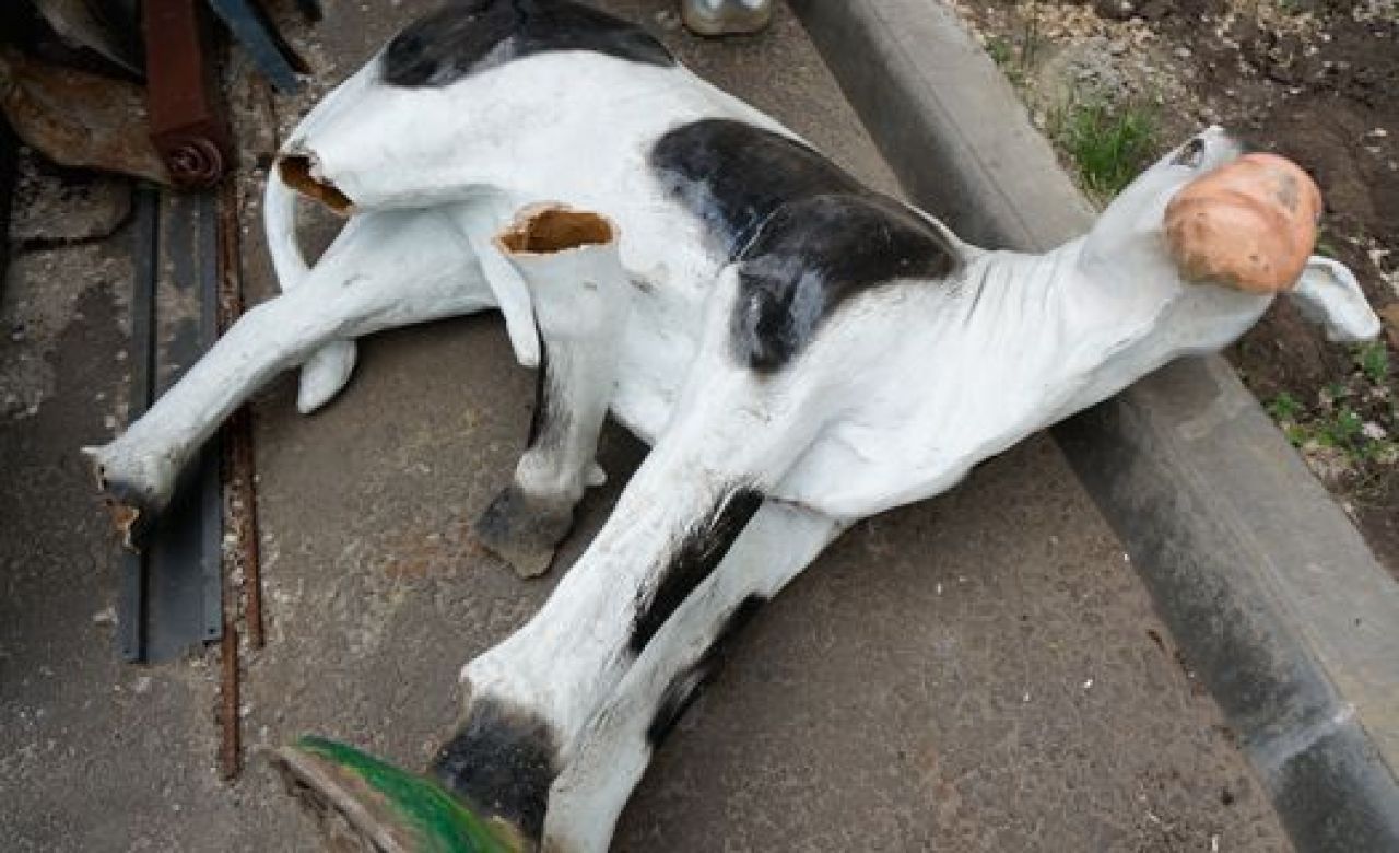 Декоративным коровам в сквере у политеха обрубили рога и ноги, а в фонтан насыпали порошок